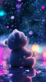 Backlit plush bear rendered with shallow depth of field bokeh