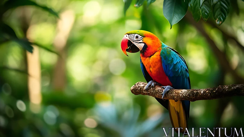 Vibrant macaw perched on branch in lush tropical forest setting.