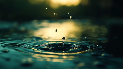 Solitary water droplet rises from ripple under sunset glow