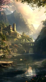 Sunlit river winding beneath a dreamy mountain citadel.