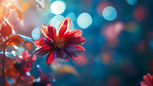 Red Dahlia with Bokeh Lights Against Blue Background.