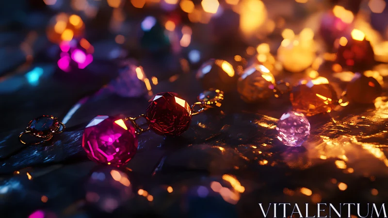 Luminous gemstones on reflective surface in neon bokeh light.