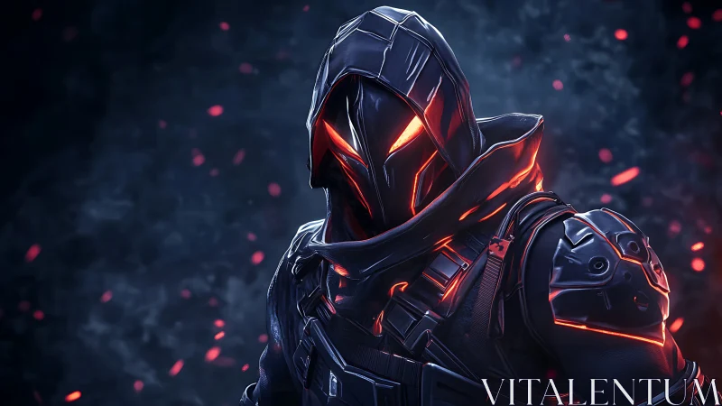 Hooded cybernetic assassin in ember-lit tactical armor stance
