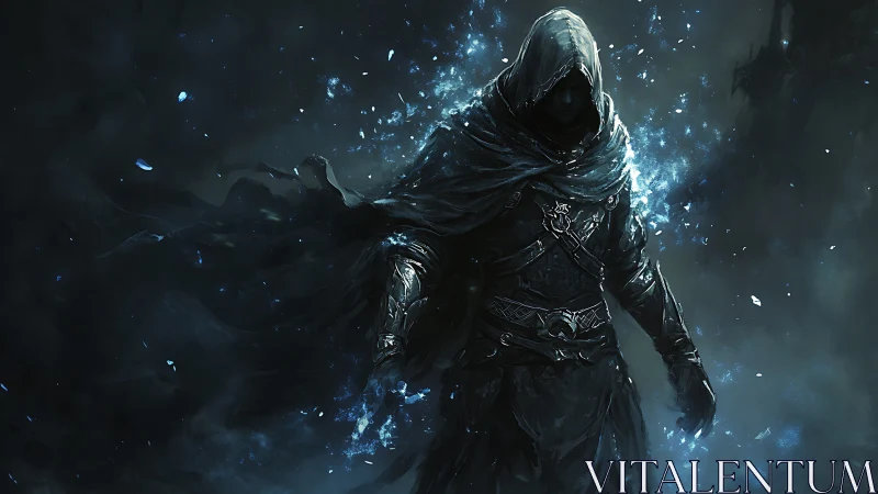 Hooded arcane rogue in swirling blue spectral energy field