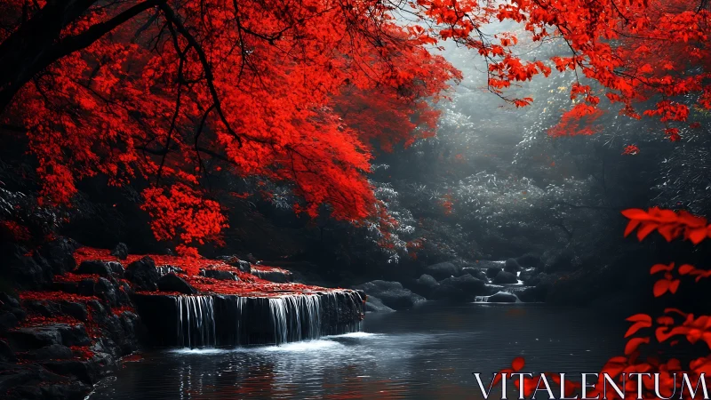 Digital painting of crimson forest canopy over misted falls.