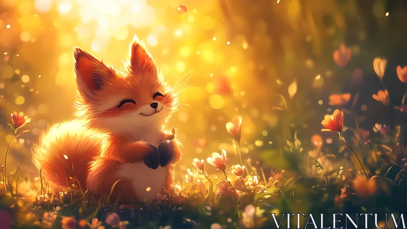 Cute fox character sitting in glowing flower meadow at sunset.