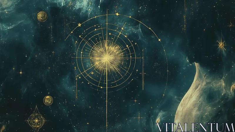 Celestial chart with radial golden lines over star field.