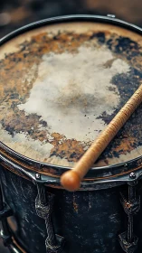 Worn snare drum surface shows heavy use and detailed texture