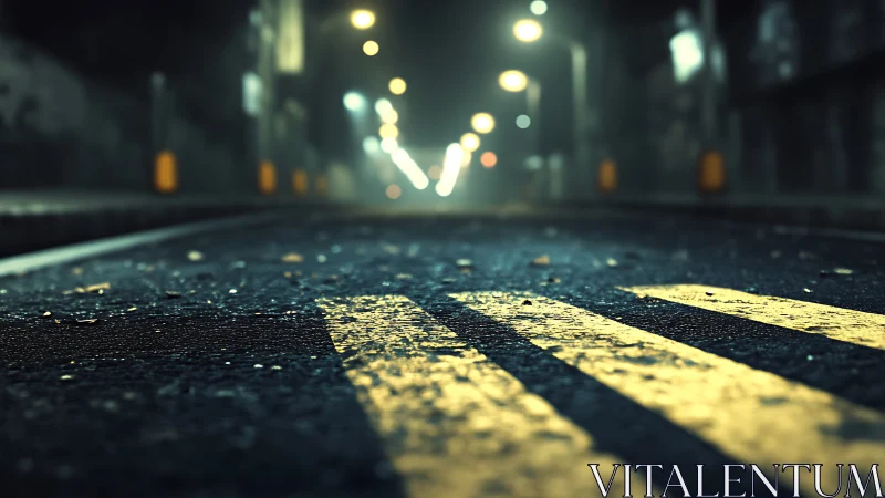 Midnight lane gleams under neon haze and distant headlights.