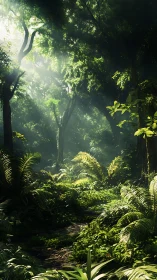 Enchanted Forest Pathway Bathed in Golden Sunlight.