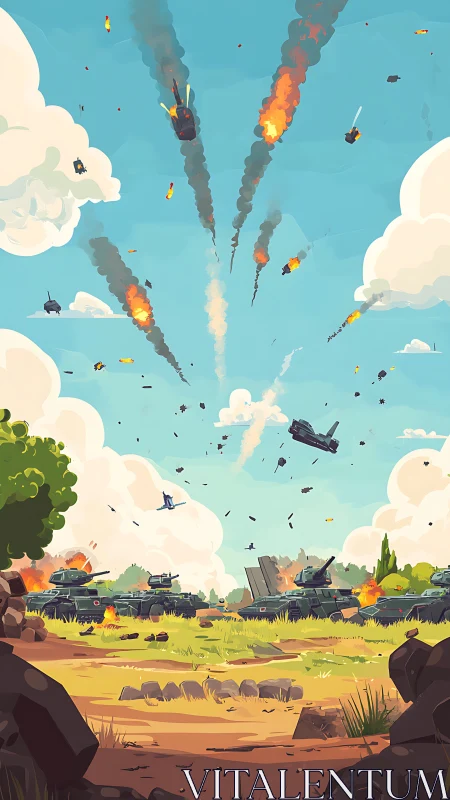 Cartoon battlefield erupts under bright skies as tanks burn