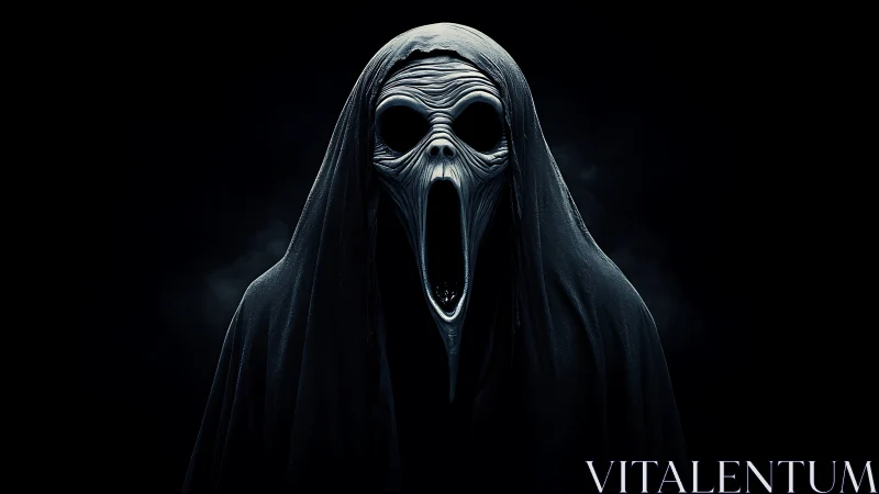 Hooded skeletal figure with elongated mask on dark background.