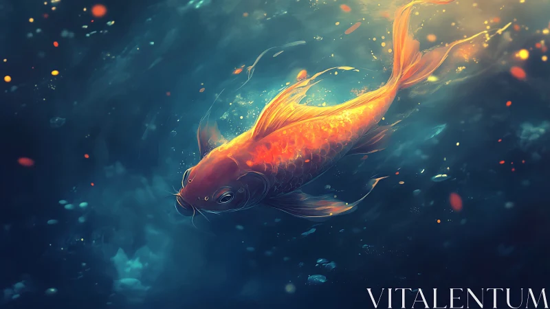 Orange koi fish in deep blue water with light particles.
