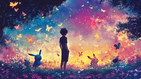 Backlit meadow scene renders silhouetted figure with luminous fauna