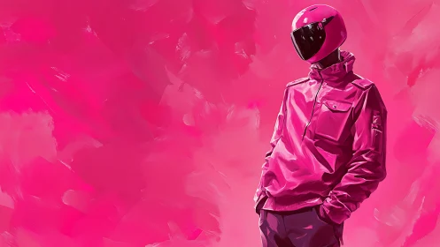 Neon pink rider stands against abstract painted void.