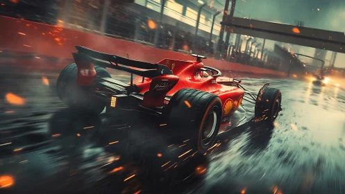 Red Formula race car speeds through wet night circuit rain