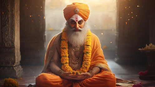 Orange-robed Hindu guru meditates in softly lit temple hall