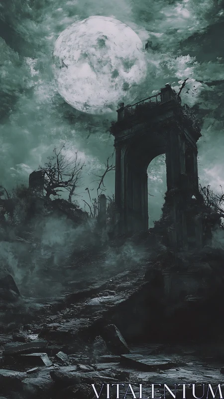 Moon-drowned ruin gate broods beneath storm-torn skies.