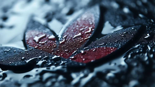 Raindrop-kissed red emblem blooms from shadowed metal.