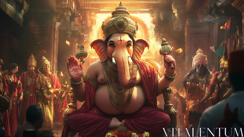 Lord Ganesha deity in radiant temple procession lighting.