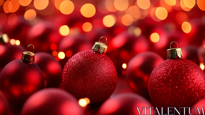 Red baubles in shallow focus with warm defocused lights.