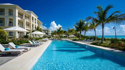 Luxe beachfront resort pool basks under radiant tropical skies