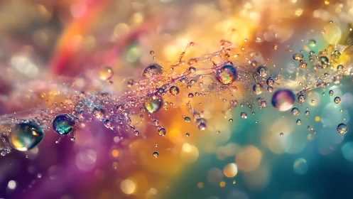 Iridescent droplets drift through a dreamy prismatic haze
