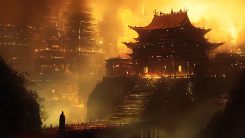 Monk before luminous temple in vast golden cityscape.