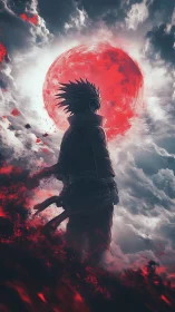 Crimson moon crowns the lone warrior above burning clouds