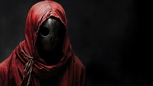 Hooded plague-style mask figure emerges from deep shadows
