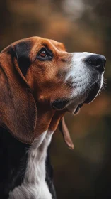 Side profile portrait of tricolor hound dog outdoors.