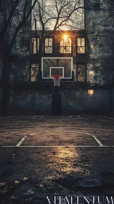 Backstreet hoop glows beneath crumbling dusk windows.