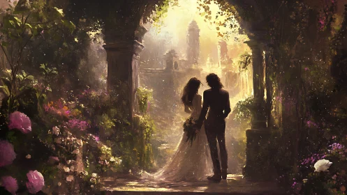 Couple Embraces in Enchanted Garden Passage at Golden Hour.