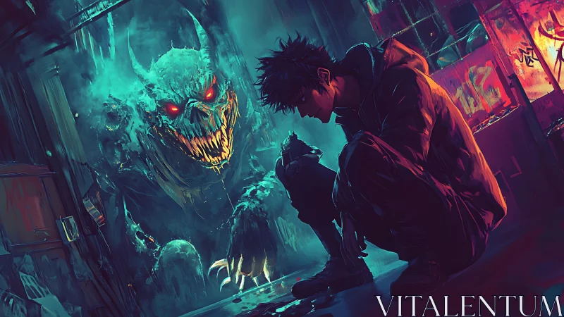 Hooded figure and spectral creature occupy neon alley space