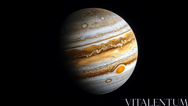 Jupiter gas giant swirls with luminous orange storm bands.