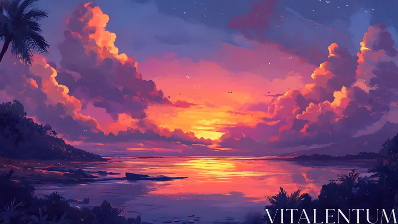 Vivid tropical coastline under a glowing sunset sky.