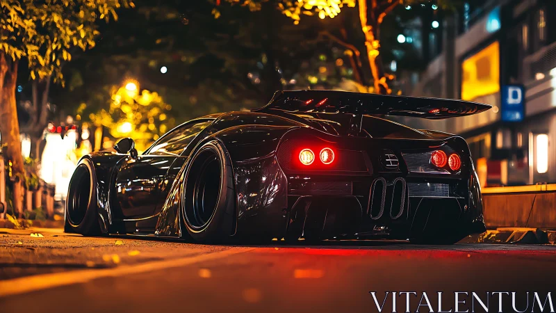Low-angle rear view shows modified black supercar parked at night