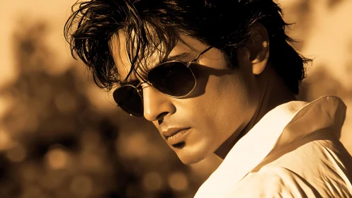 Sepia-toned male portrait with sunglasses and backlighting.
