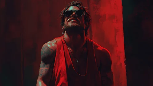 Tattooed man in red tank under harsh cinematic light.