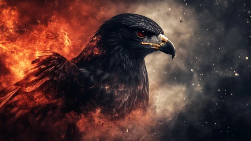 Fiery black eagle portrait against smoke and embers backdrop