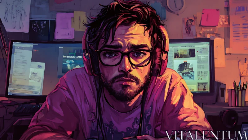 Man with headphones at dual monitors in dim workspace.