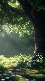 Ancient Oak Tree Bathed in Dappled Sunlight.