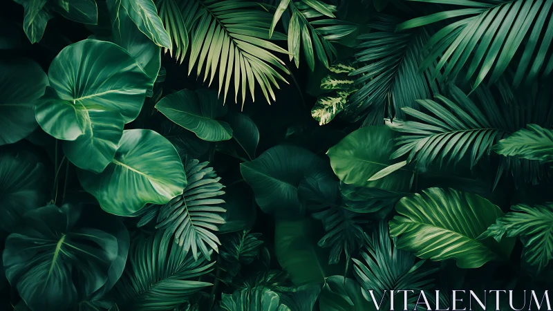 Emerald jungle canopy of lush layered tropical leaves at dusk.