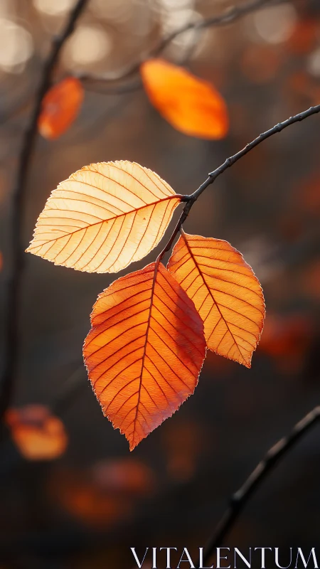 Golden autumn leaves glow softly in gentle evening light