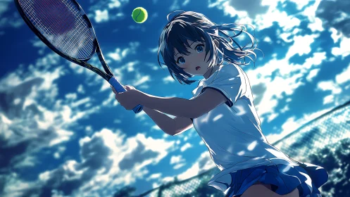 Summer sky tennis swing with wind-tossed determination.