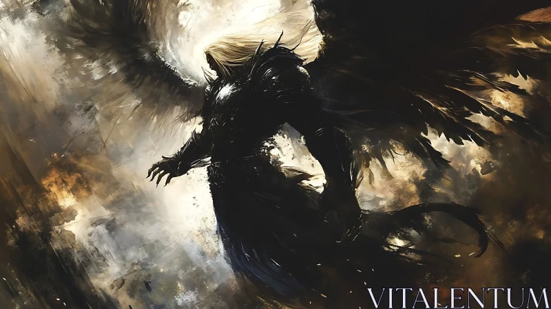 Dark-winged angel rises through swirling stormlight.