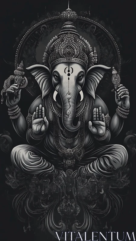 Ivory-lit Ganesha enthroned in ornate, shadowed divinity.