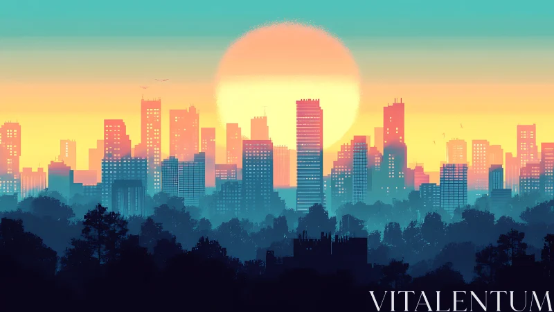 Layered city skyline rendered in atmospheric depth gradients at dawn