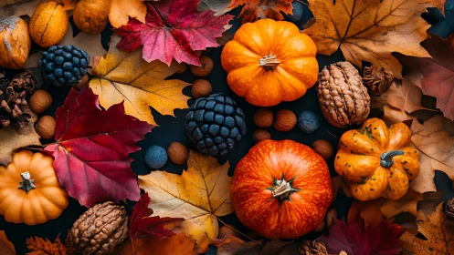 Autumn gourds, nuts and leaves arranged on dark surface.