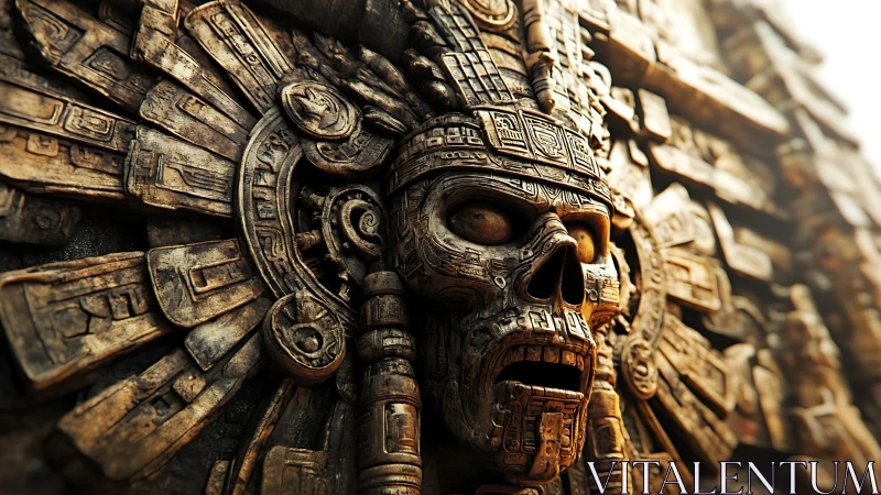 Ancient stone skull guardian carved with sunlit mystique.